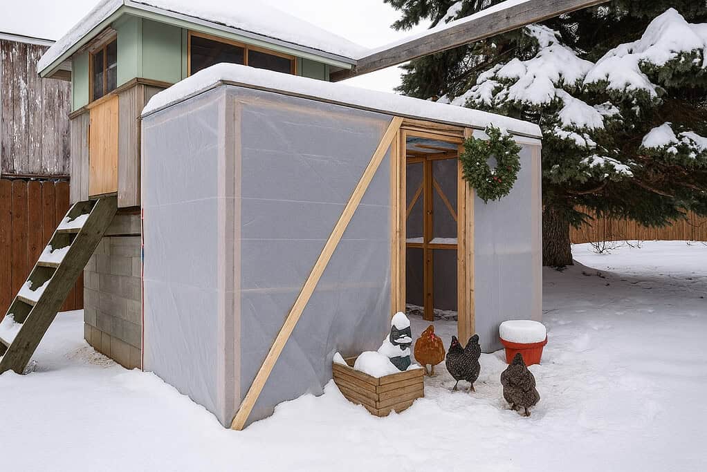 winter chicken coop wrapped in clear plastic sheeting for insulation, surrounded by deep snow under soft daylight