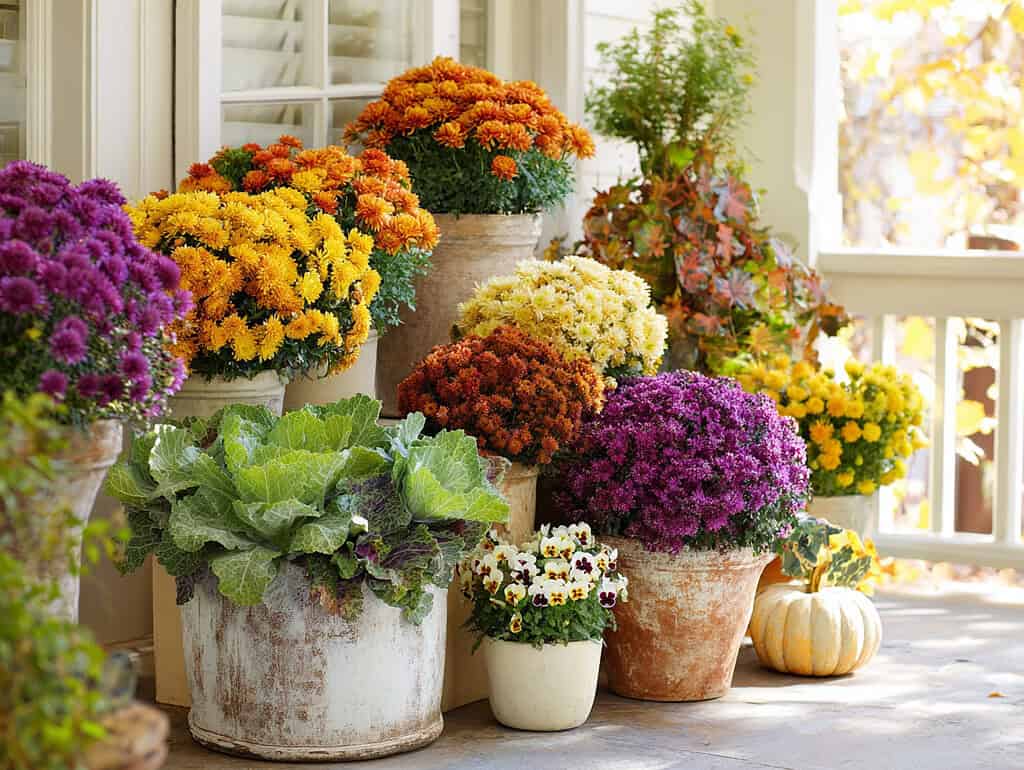 a bright and cheerful fall container garden arranged on a sunlit front porch or patio