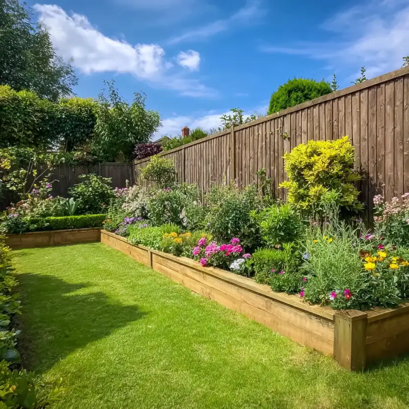 backyard garden with lush green lawn, raised wooden flower beds filled with colorful plants and shrubs, tall wooden fence