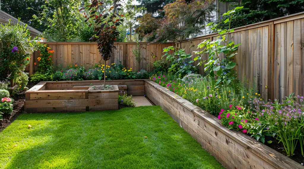 full garden view with fence lined by built-in wooden planter boxes and benches