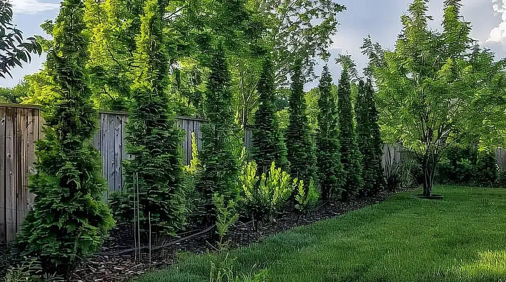 full garden scene showing a fence lined with tall slender evergreens