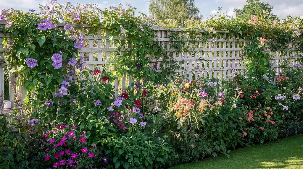 garden fence with trellises supporting climbing plants, clematis and morning glory vines in full bloom