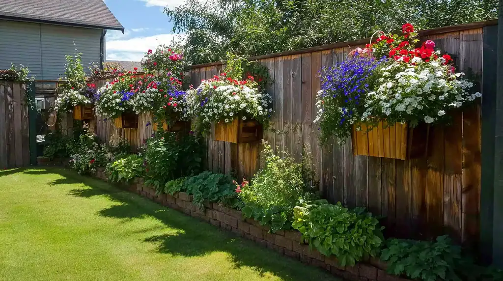 wide-angle garden view with fence decorated with hanging planters and wall-mounted baskets, filled with flowers, trailing vines, strawberries and lettuce