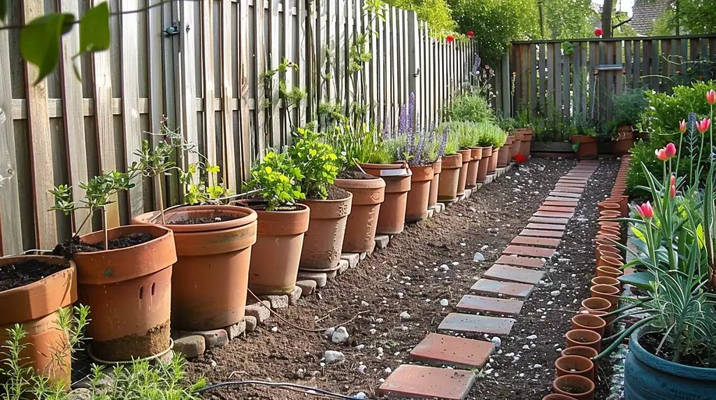 wide garden view with terracotta pots arranged in a row as decorative edging