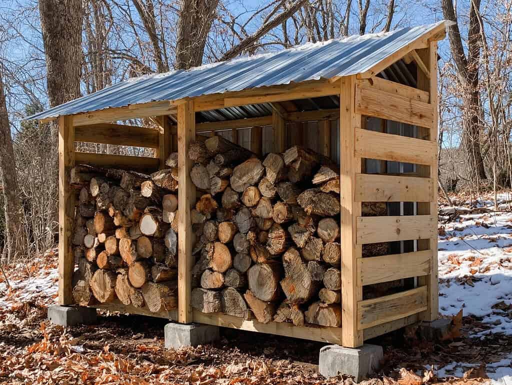 robust, hand-built outdoor firewood storage shed made of unfinished or lightly treated natural wood