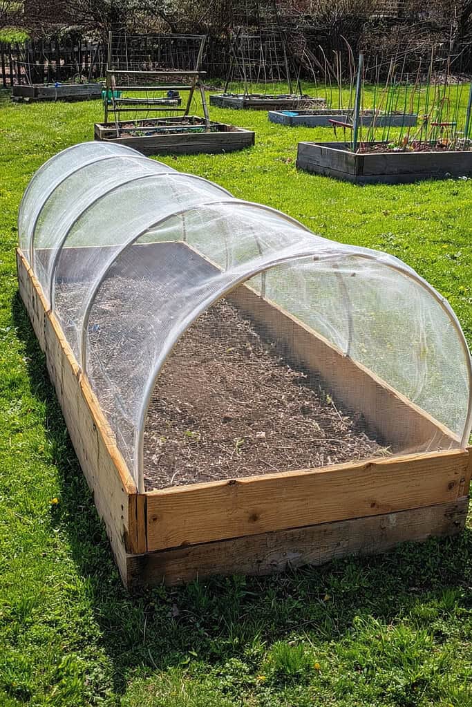 a small backyard hoop house greenhouse, also known as a low tunnel. 