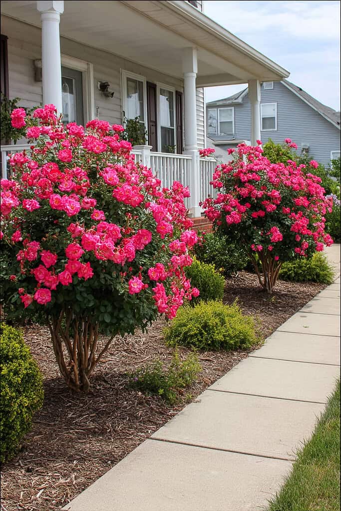 A pair of blooming Knock Out rose trees with bright pink flowers, neatly pruned into rounded shapes