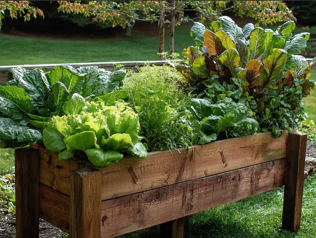  a raised wooden planter box overflowing with lush, cold-tolerant leafy greens in a fall garden setting