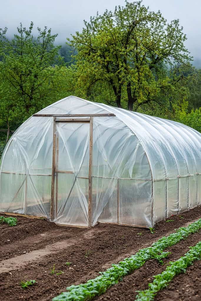 a medium-sized polytunnel greenhouse situated in a rural garden or small farm setting. 