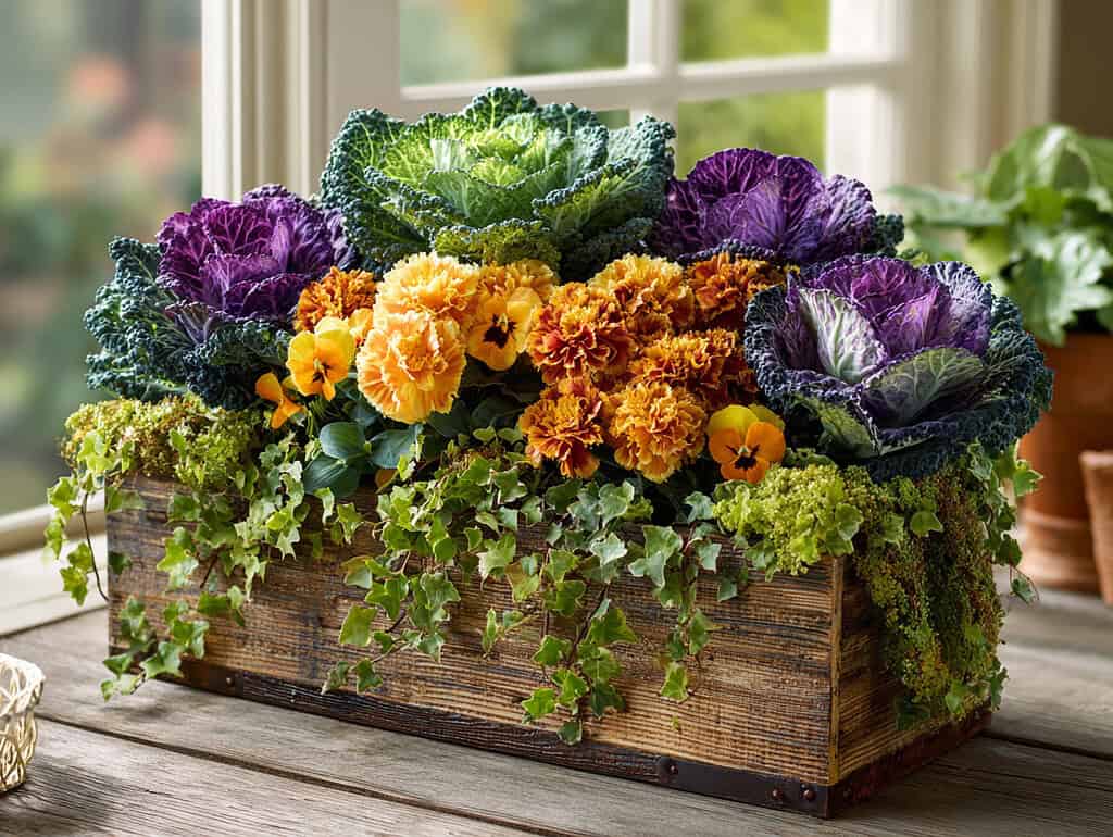 a beautifully arranged fall container garden in a rectangular wooden trough or window box