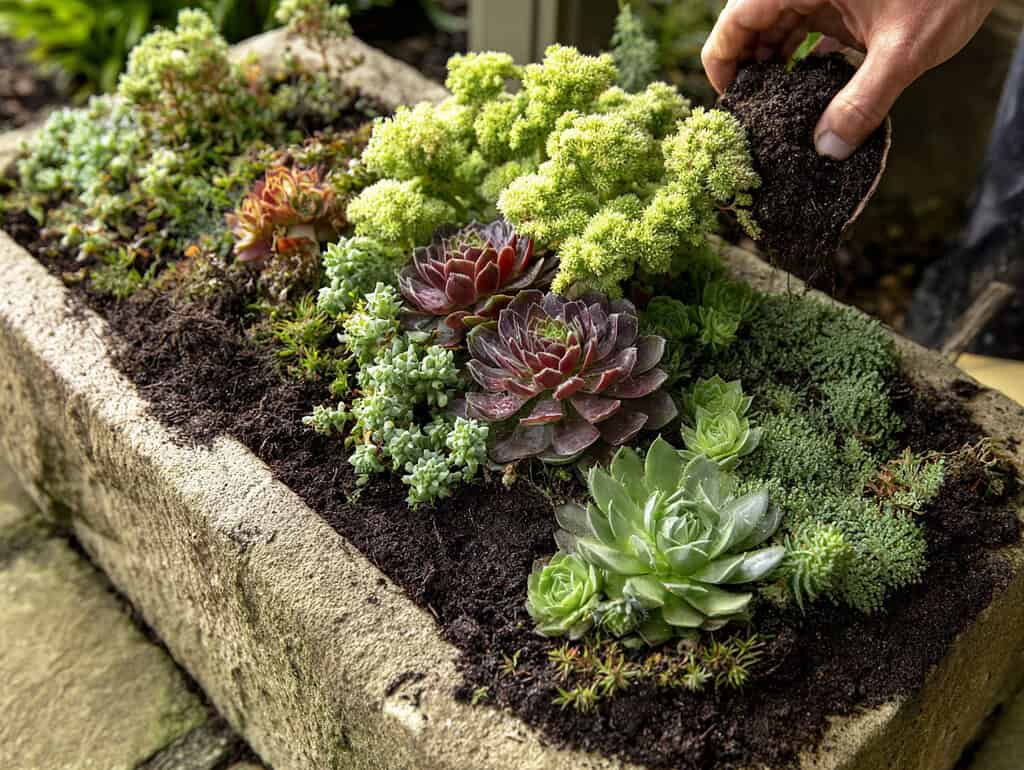 a fall container garden featuring transplanted Sedum and Hens-and-Chicks (Sempervivum) from other parts of the garden