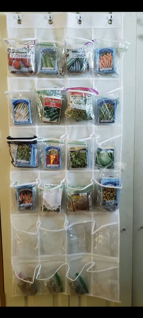 a vertical seed storage solution using a transparent over-the-door hanging shoe organizer