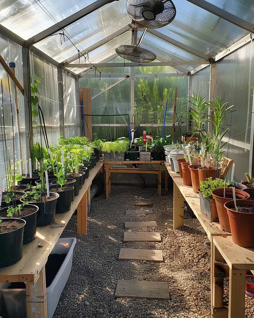 small homestead greenhouse interior with clear polycarbonate panels, wooden benches lined with potted seedlings and young plants, plastic tubs and terracotta pots, gravel floor with stepping stones, small ventilation fans on the back wall