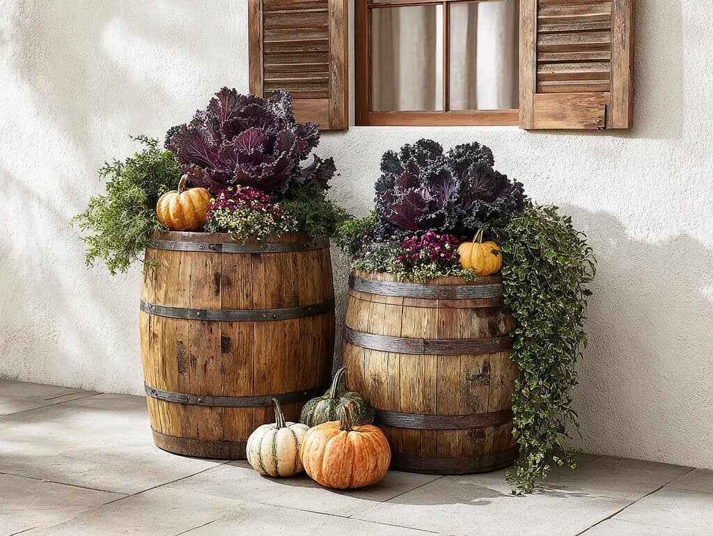 two rustic wooden barrel planters arranged side by side in front of a sunlit white wall with a window and open wooden shutters