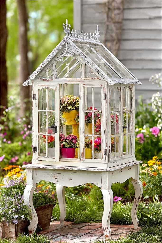 whimsical garden scene featuring a small, ornate tabletop greenhouse with a vintage French-country aesthetic