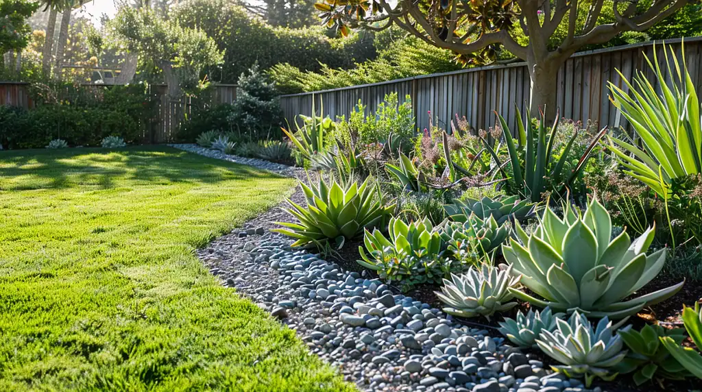 wide garden perspective with fence edging planted in a strip of succulents