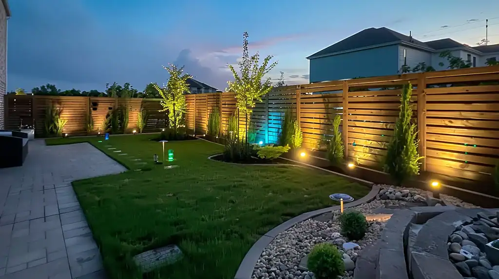 wide garden view at dusk with wooden fence lined with solar lights