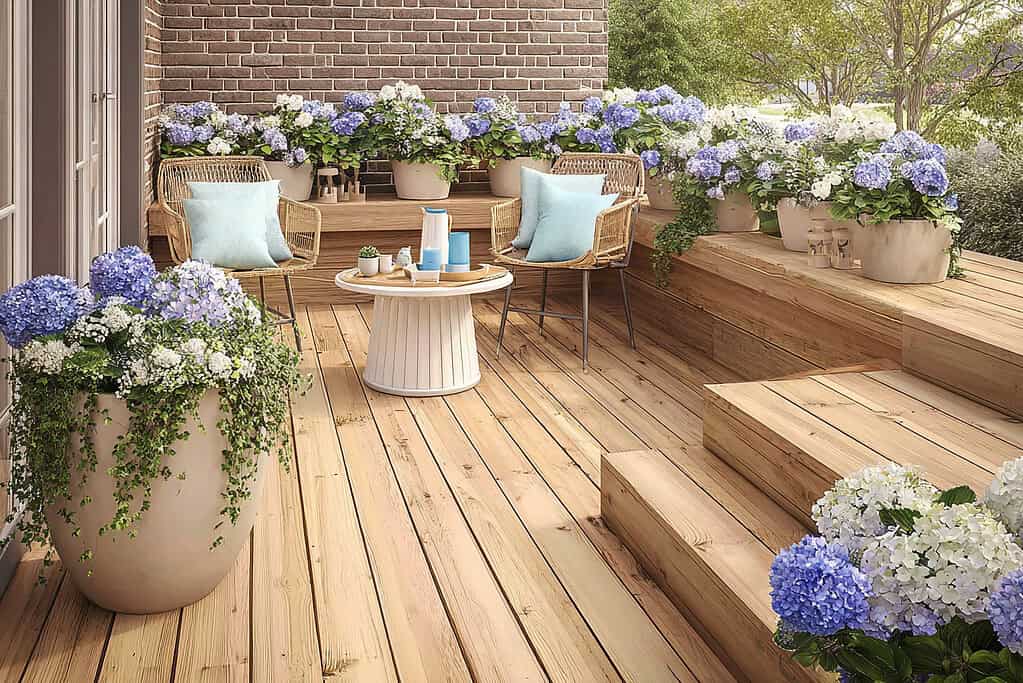 a charming wooden deck garden patio styled with abundant flowering planters and casual seating