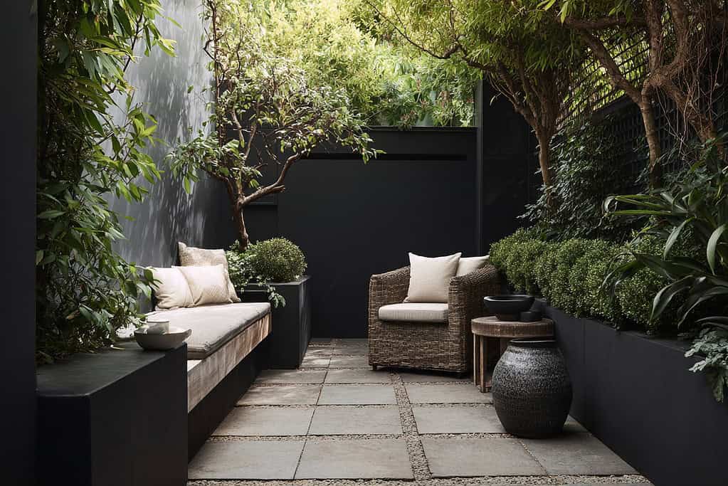 a small courtyard garden that uses diagonal design lines and dark-toned boundaries to create a strong sense of depth and spaciousness