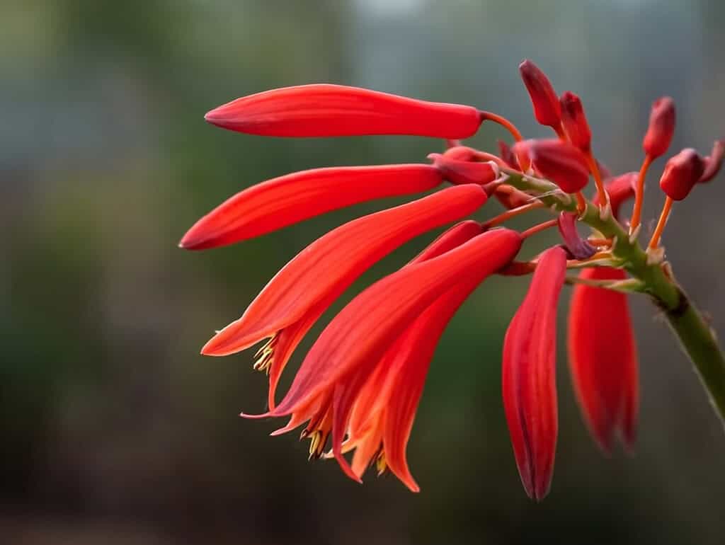  a vibrant red tubular flower cluster each slender, elongated petal-tube gracefully arching downward from a central stalk