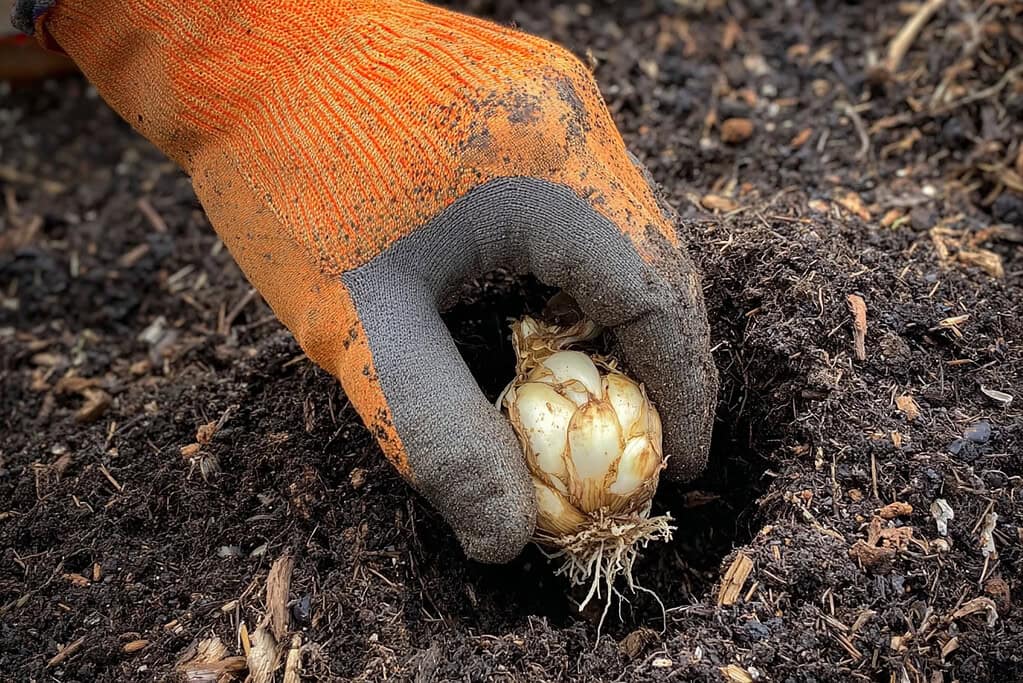  a gloved hand planting a flower bulb into dark, freshly turned garden soil