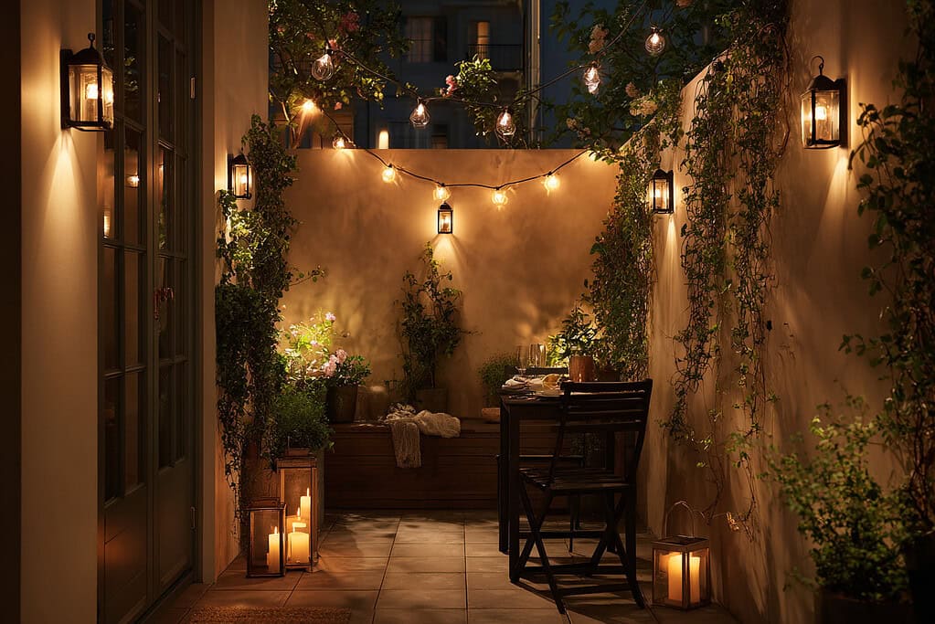 a small courtyard garden illuminated by elegant, well-placed outdoor lighting