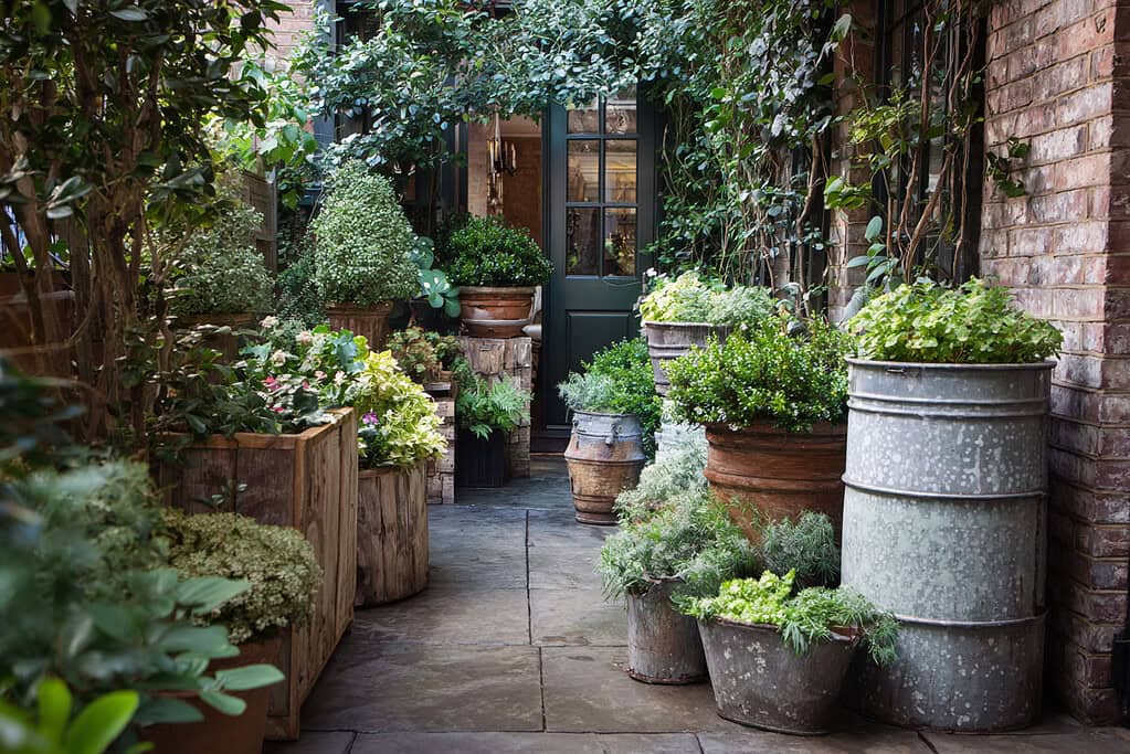 a small courtyard garden where a variety of planters and pots are used to soften the hard edges of stone, brick, or concrete surfaces