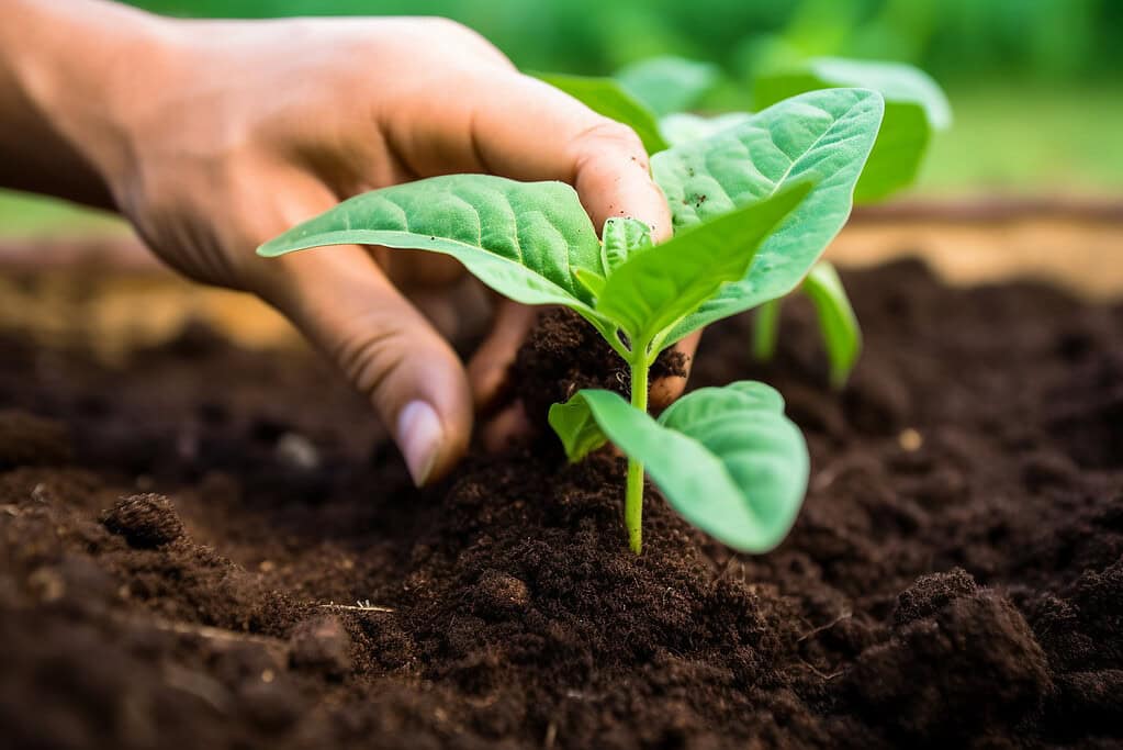 a hand applying nutrient-rich, dark chicken manure compost to the base of a young green vegetable seedling in an outdoor garden.
