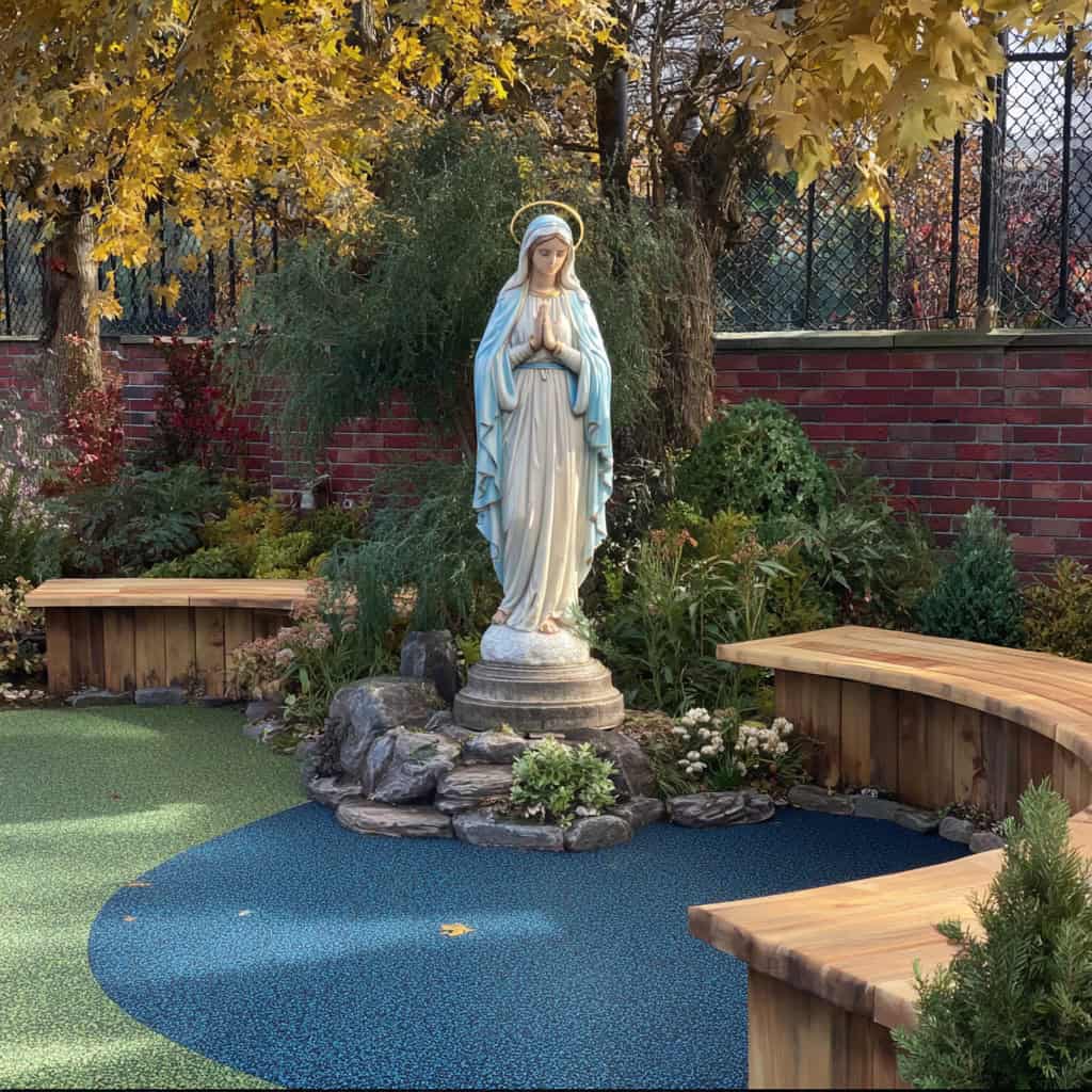 serene outdoor prayer garden with a lifelike statue of the Virgin Mary dressed in a white gown and light blue veil, standing gracefully on a small pedestal adorned with a religious symbol