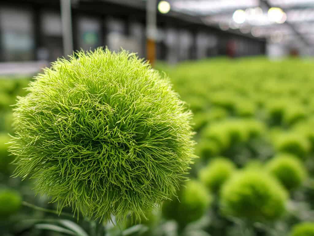 a single vibrant green Green Trick Dianthus bloom (Dianthus barbatus ‘Green Trick’) in a greenhouse environment.