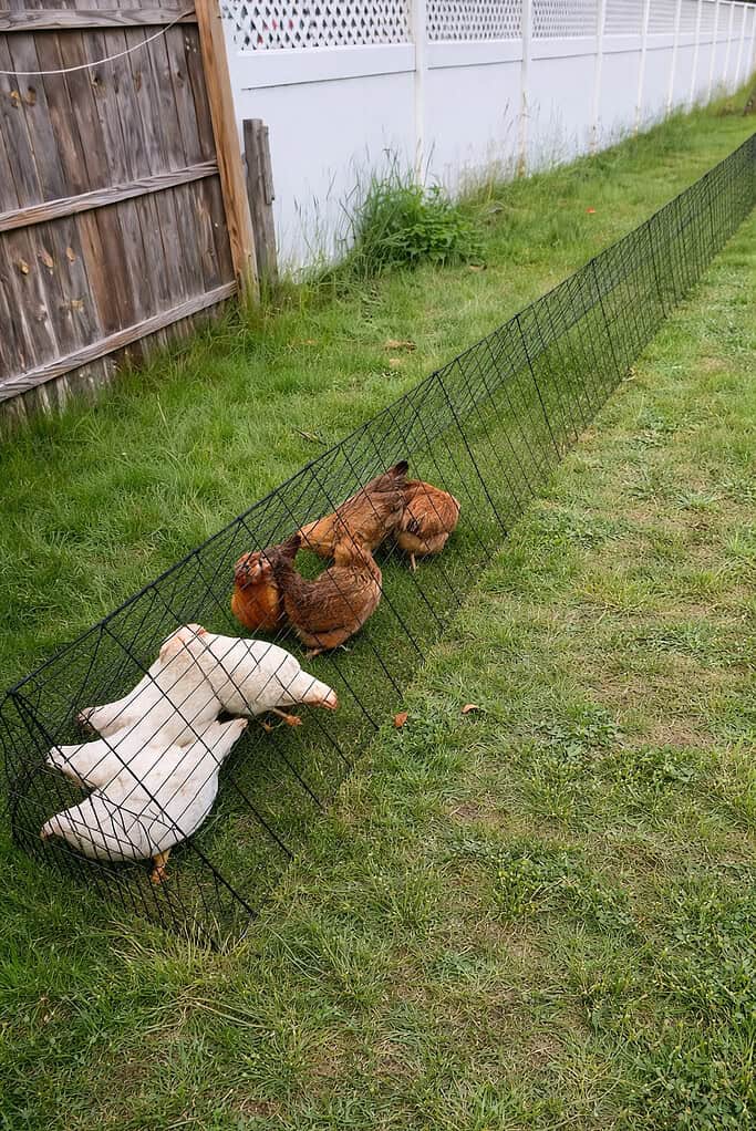 a group of chickens moving through a long, narrow chicken tunnel made from black metal fencing