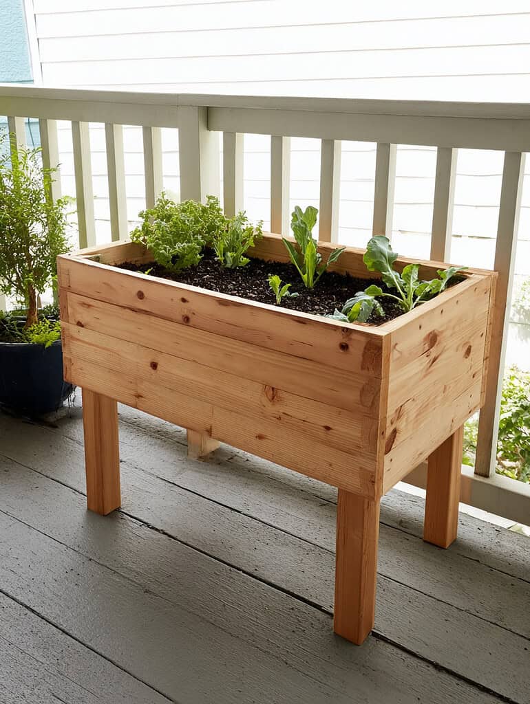 a handcrafted elevated wooden planter box placed on a residential balcony or deck.