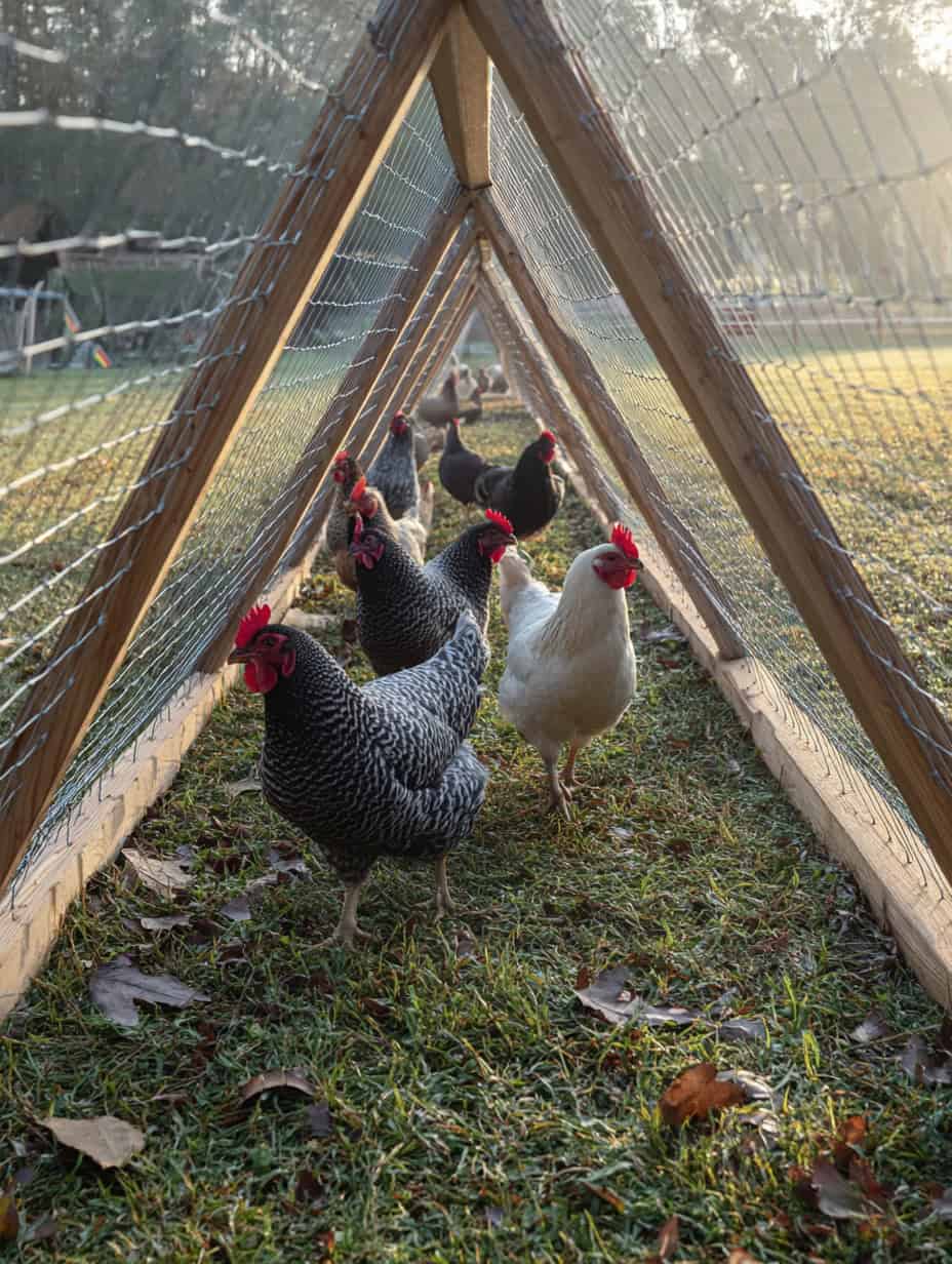 a group of chickens walking through a triangular wooden-framed chicken tunnel covered with chicken wire mesh.
