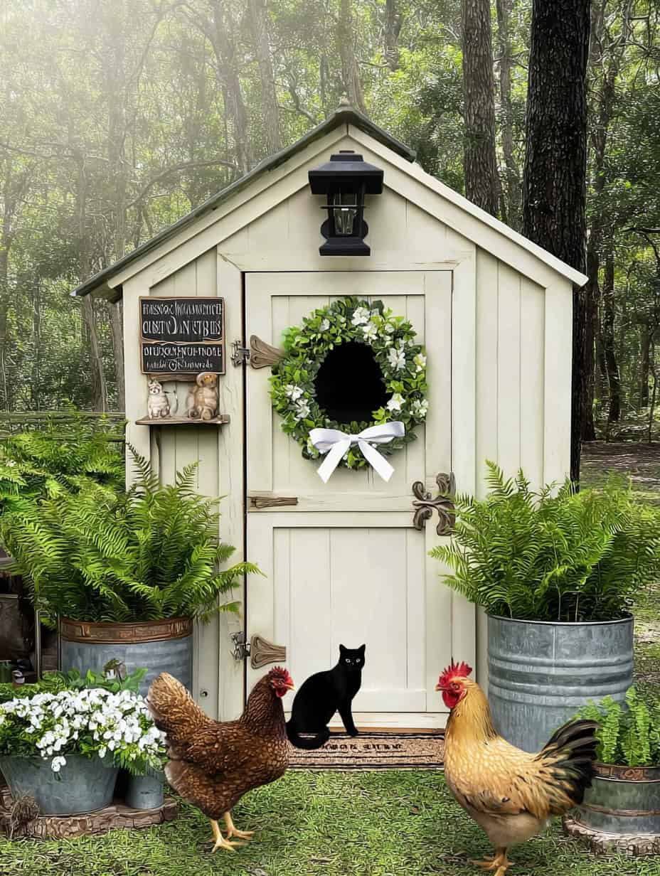 a charming backyard chicken coop set in a lush, green woodland garden.