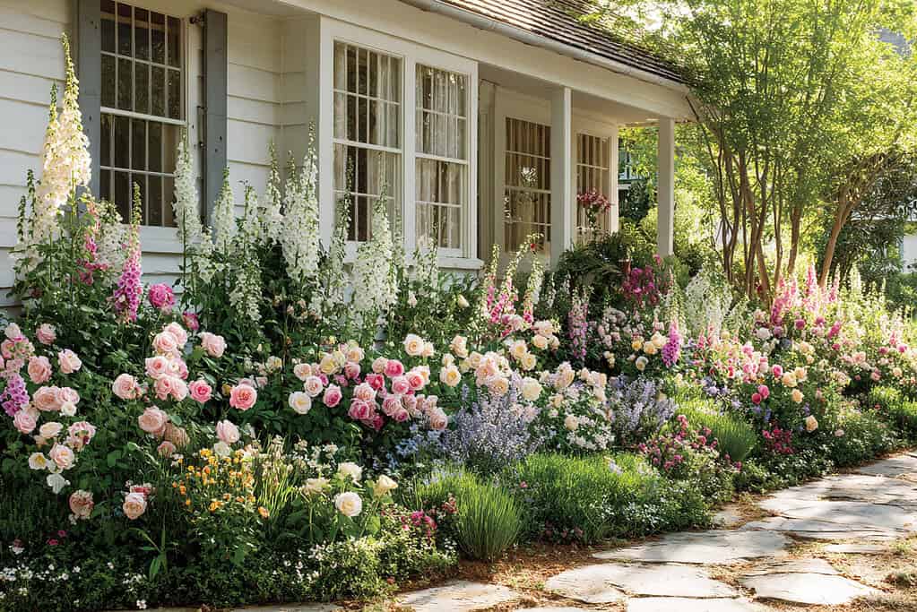 a cottage-style flower bed planted directly in front of a charming cottage or farmhouse-style home.