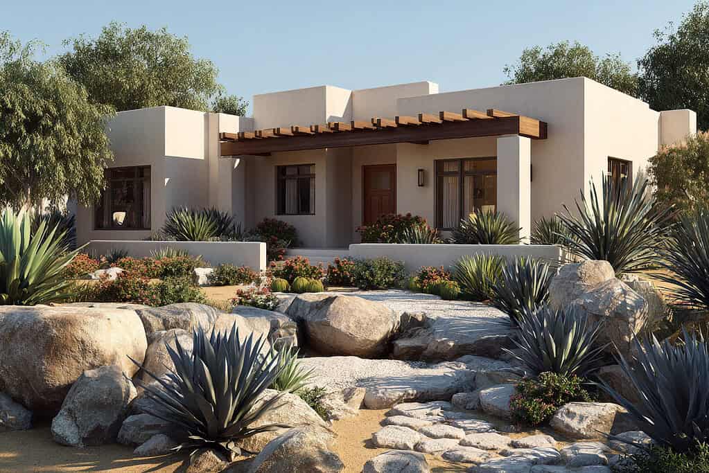 a modern or southwestern-style home with a drought-tolerant front yard garden bed