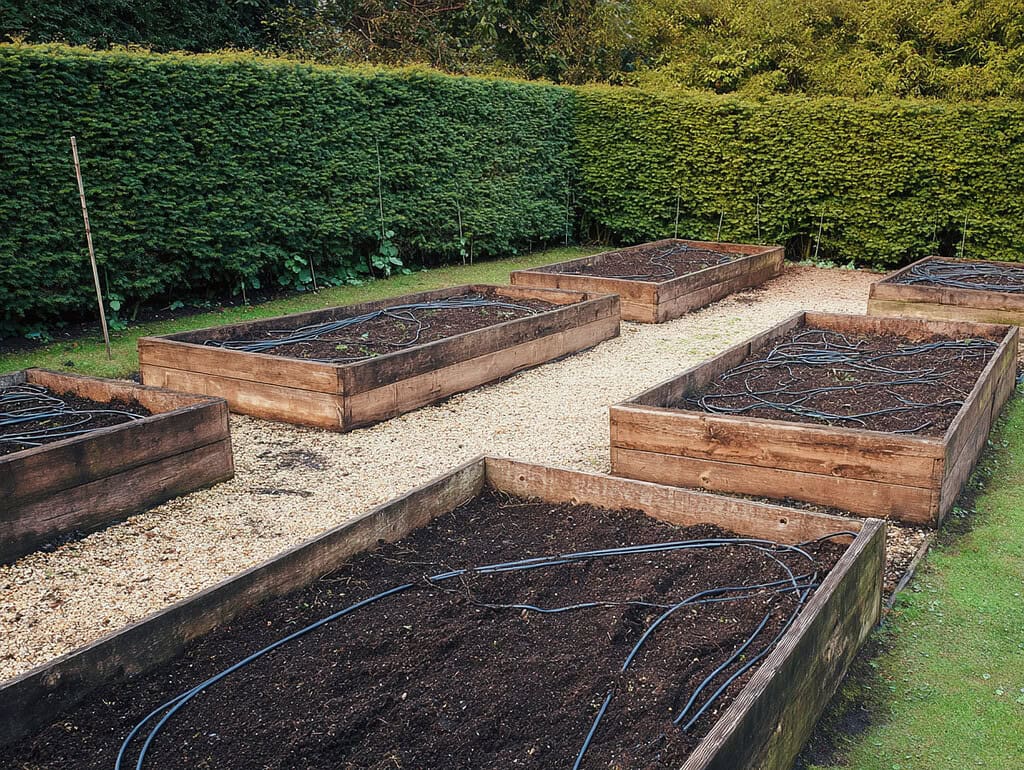 a neatly organized vegetable garden featuring six large wooden raised garden beds arranged symmetrically in two rows