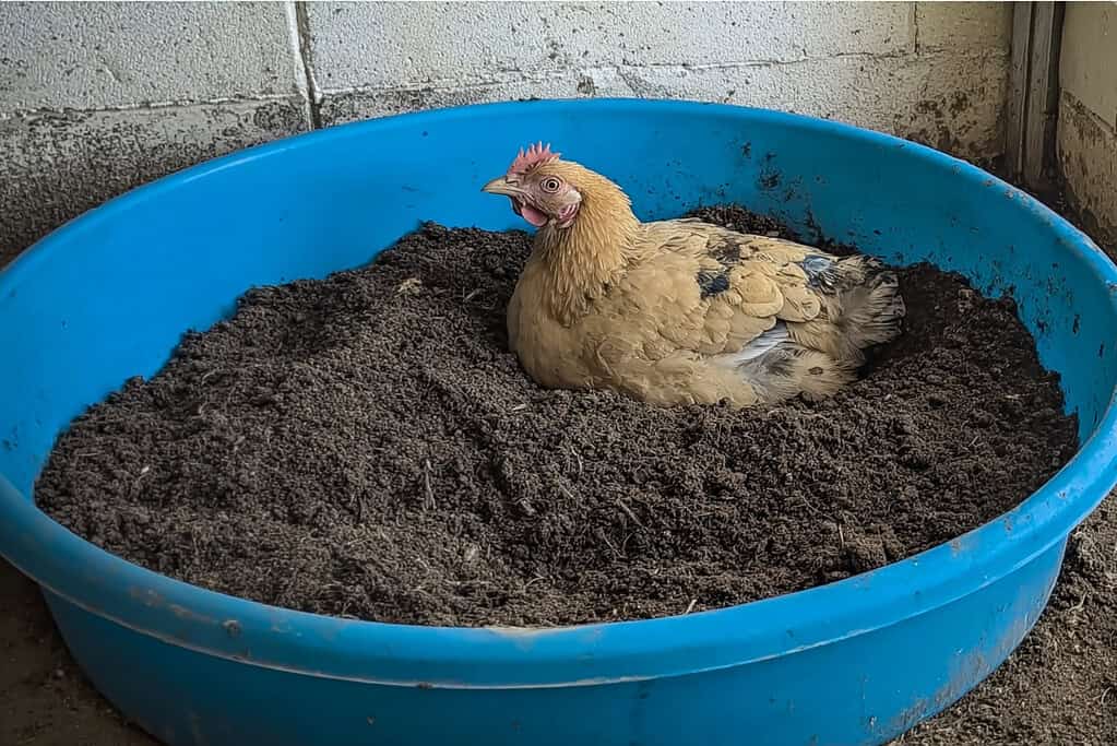 a single hen relaxing in a makeshift dust bath made from a bright blue plastic kiddie pool filled with dark, loose soil.