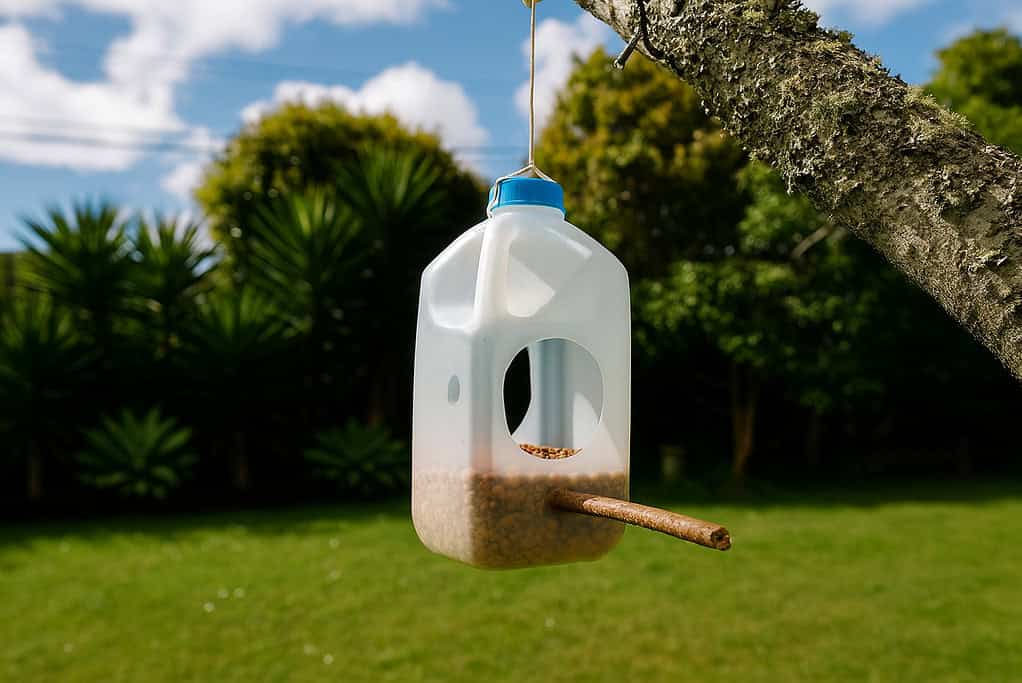 a DIY bird feeder made from a repurposed plastic milk jug.