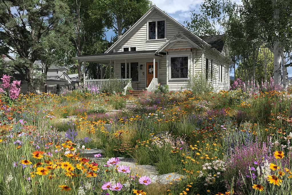 a home with a native wildflower garden flourishing in the front yard.