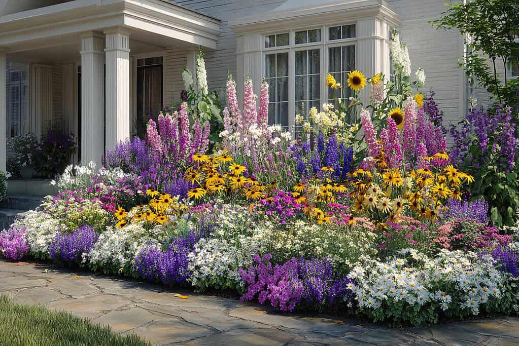 a layered perennial border flower bed planted directly in front of a well-maintained suburban home
