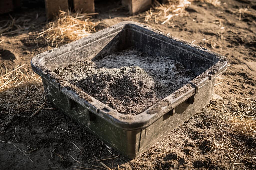  square plastic container repurposed as a chicken dust bath, placed in an outdoor farm or backyard setting. 