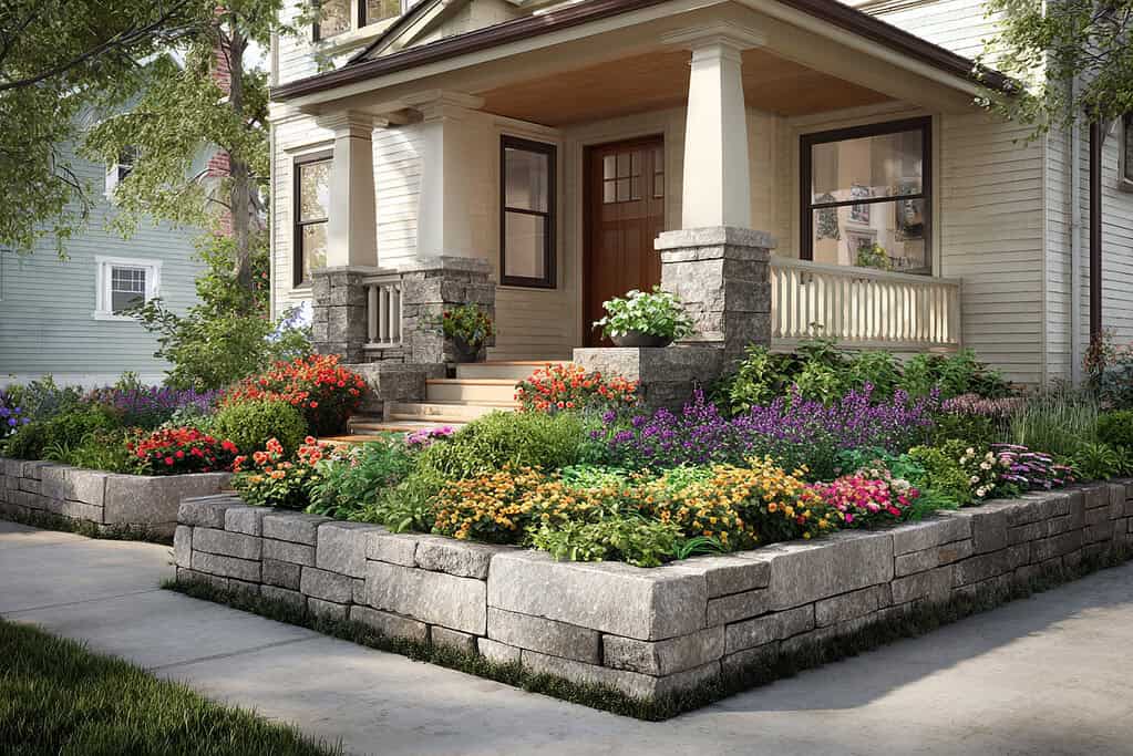 a suburban or cottage-style home featuring a well-built raised flower bed in the front yard