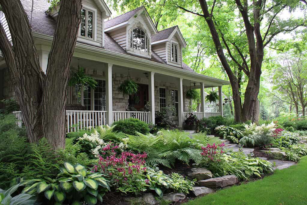 a charming suburban or cottage-style home with a shade-loving woodland garden bed planted across the front foundation.