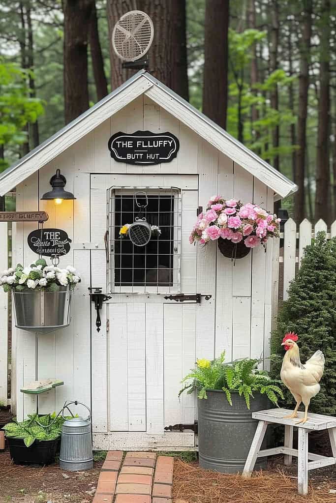 a charming backyard chicken coop painted in a soft cream or warm off-white color, set in a wooded outdoor environment.
