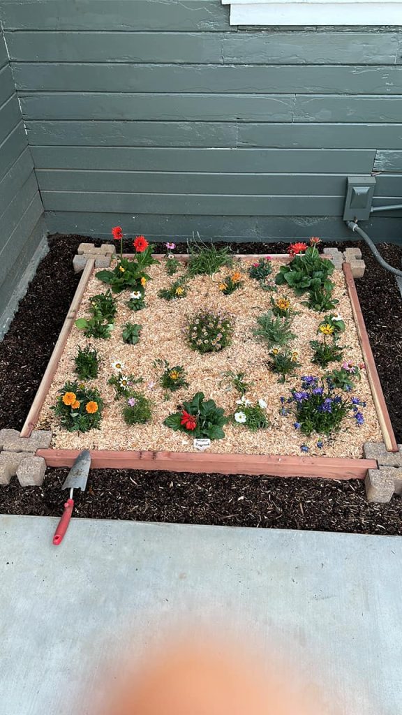 a small, square backyard flower garden bed positioned against a gray-painted wooden wall