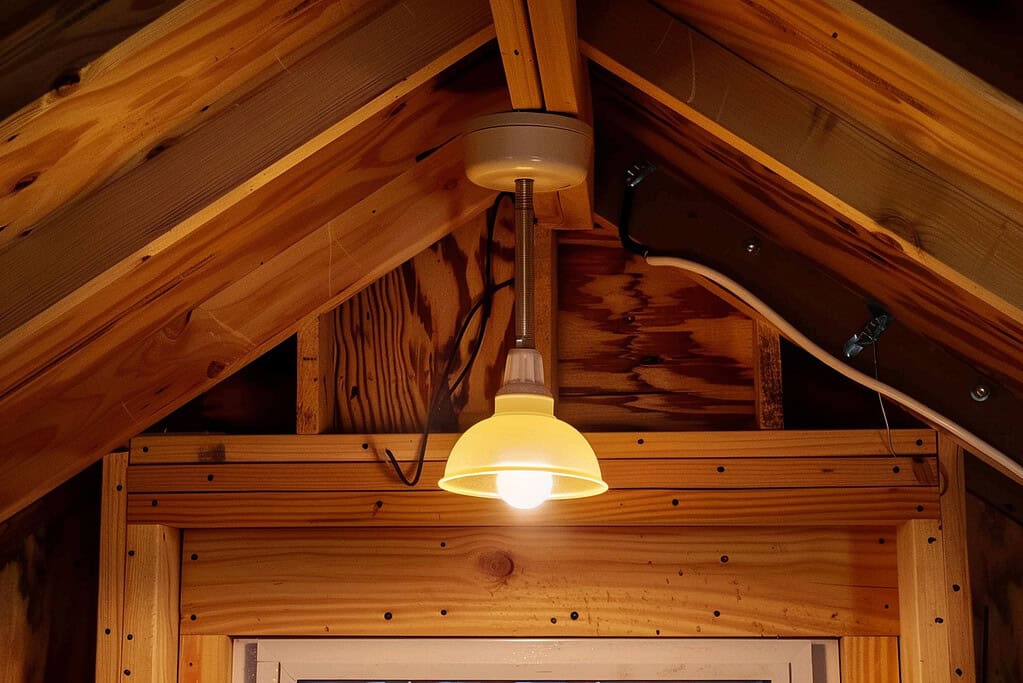 a chicken coop illuminated by soft, warm artificial lighting. 