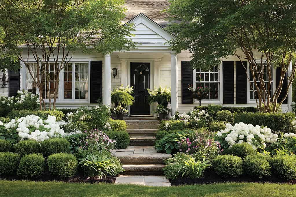 a well-maintained traditional or suburban-style home with classic foundation plantings lining the front façade
