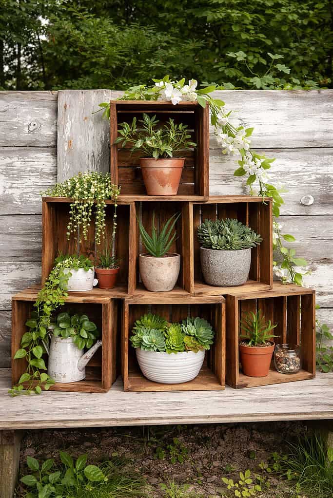 six stacked vintage wooden crates arranged in a pyramid formation