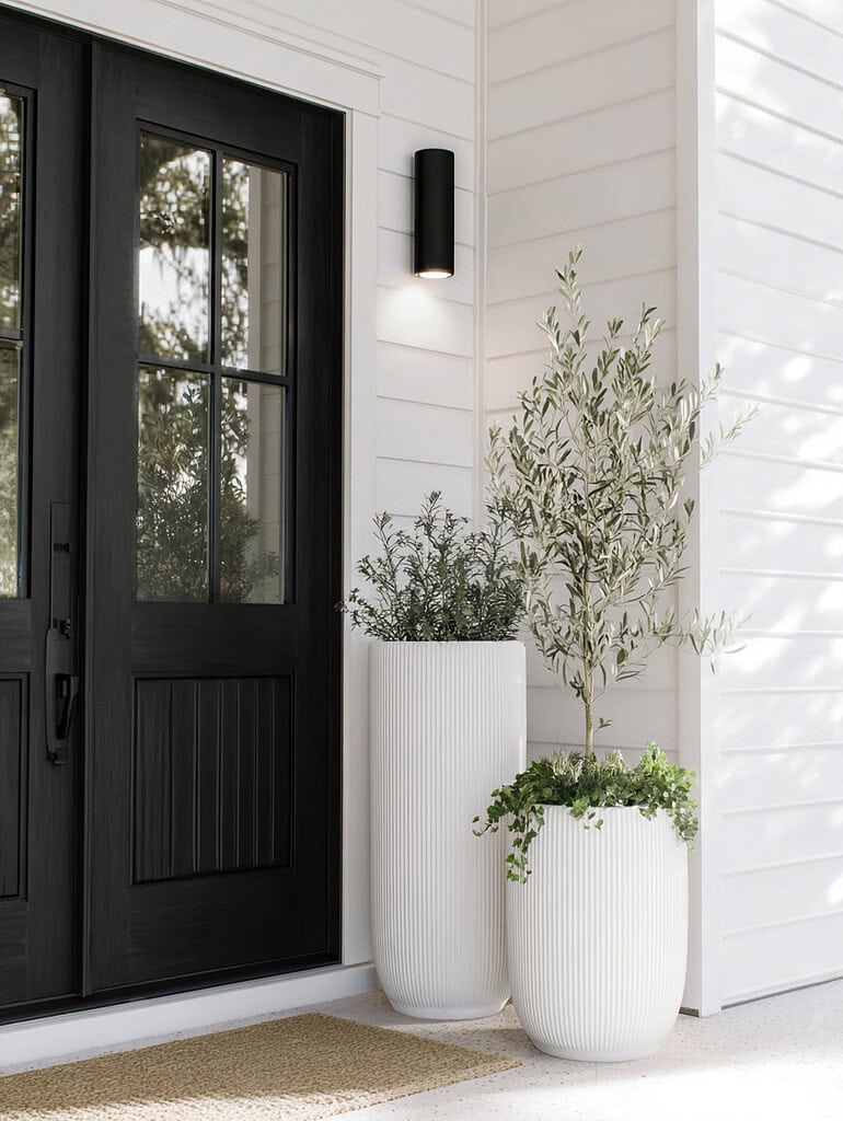 a modern minimalist front porch with clean architectural lines and sophisticated styling.